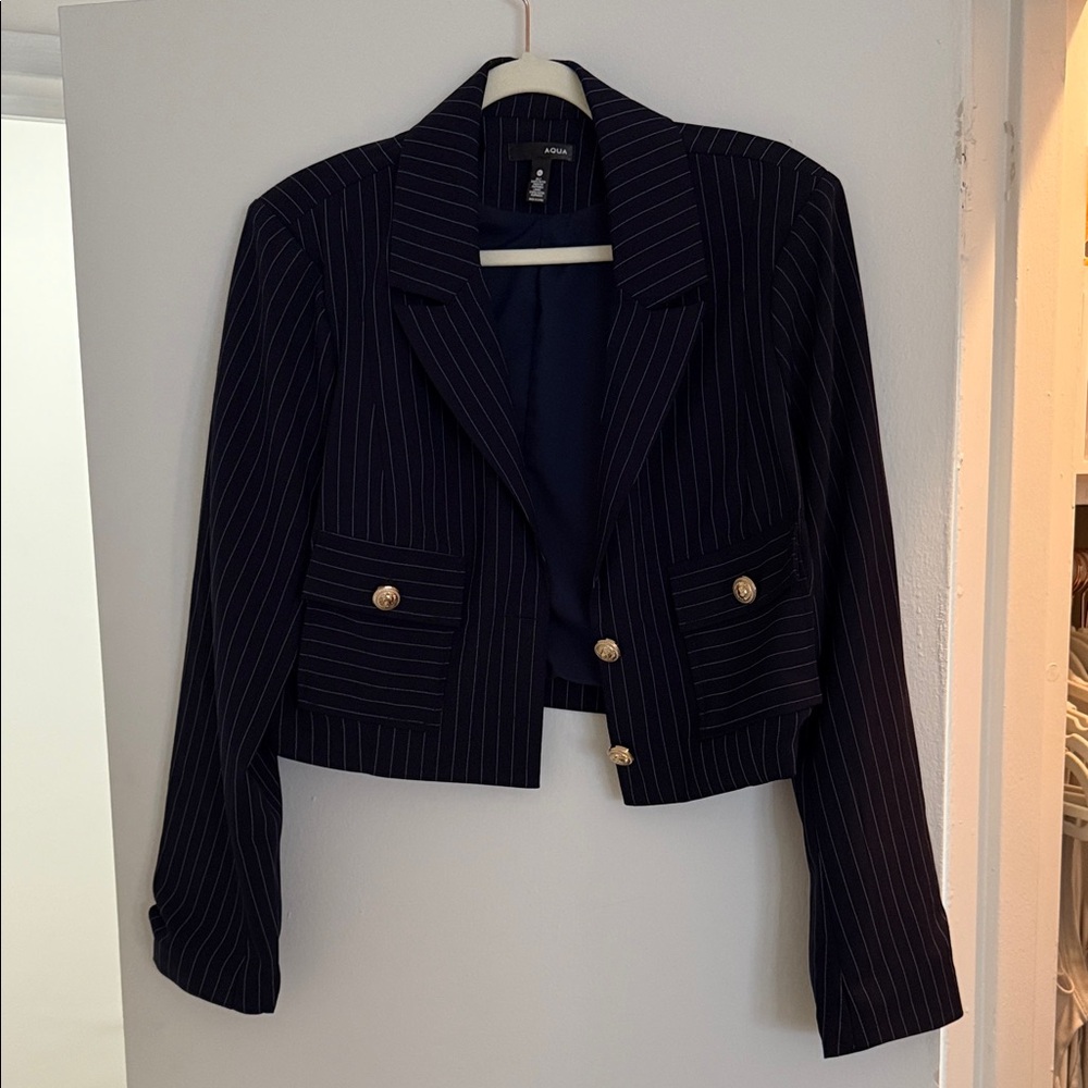 Aqua Navy Striped Cropped Blazer with Gold Buttons